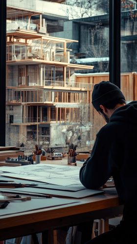 Architect is designing a sustainable building project, using a range of drawing tools in his modern office
